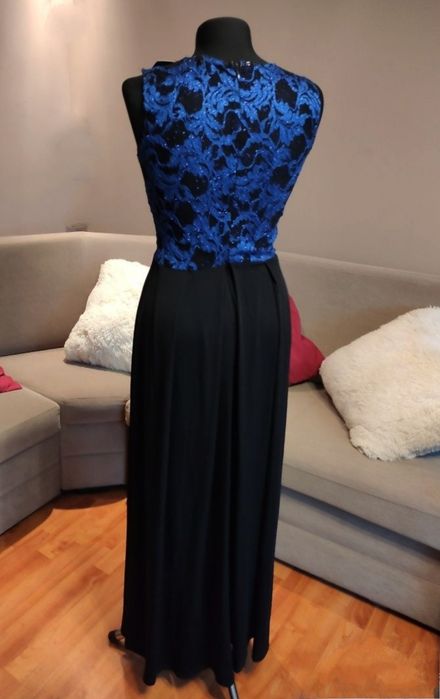 Sukienka maxi z chabrową górą koronkową  z dodatkiem brokatu