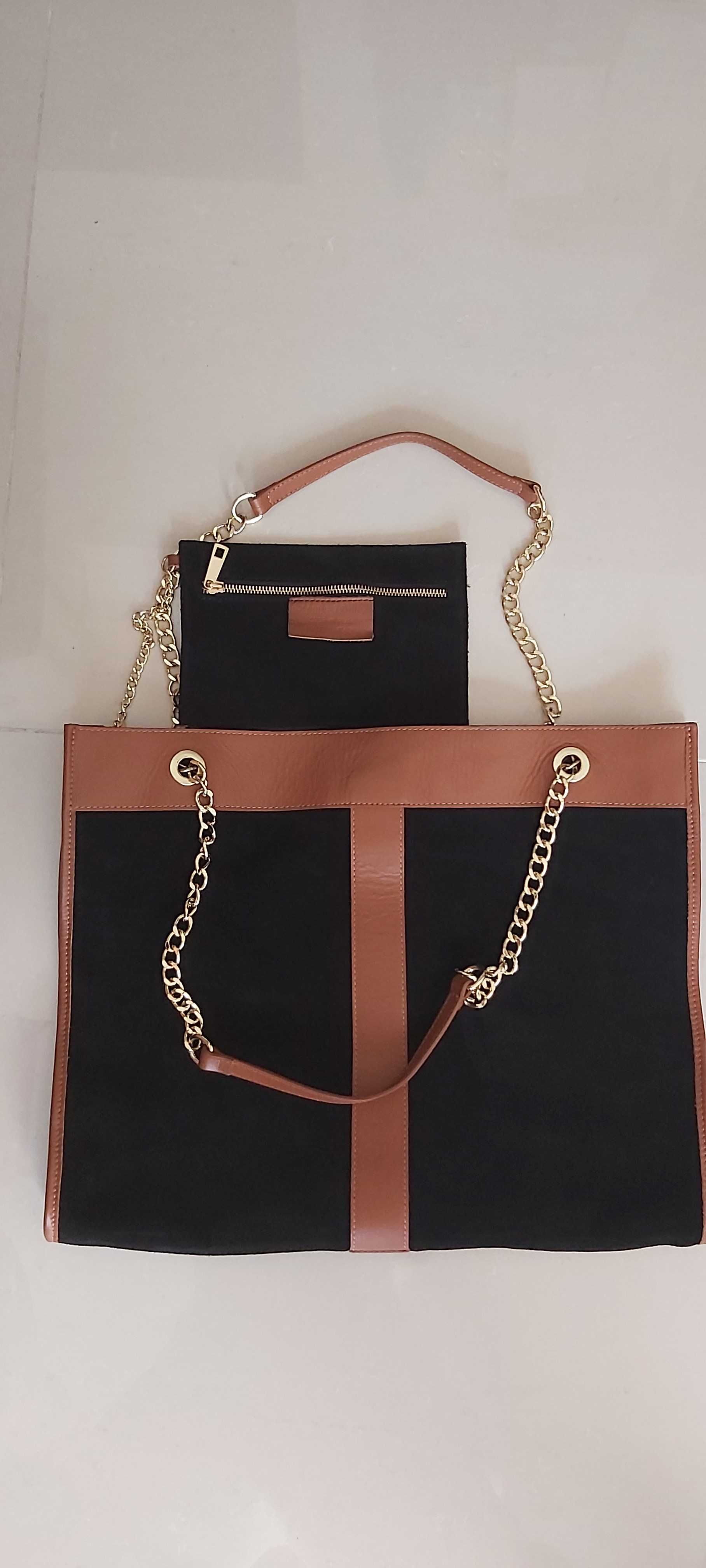 Mala shopper em pele genuína(preto e camel). Marca "Eureka"