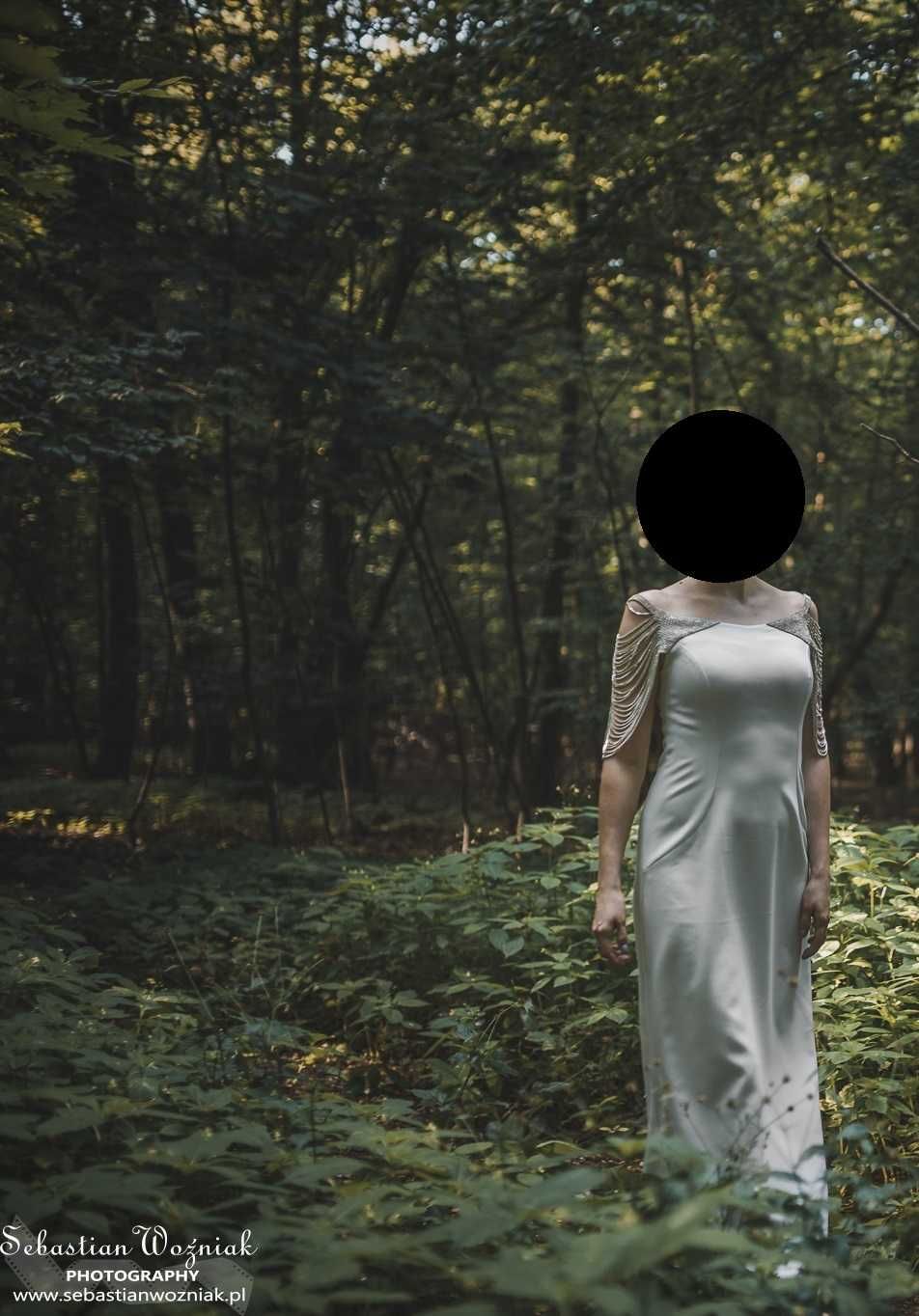 Suknia ślubna 34 36 S glamour, dekolt łódka, kryształki