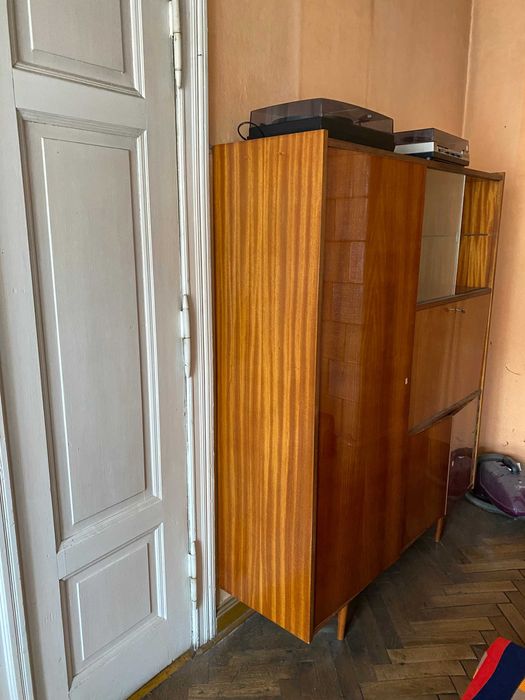 Komoda, regał z barkiem i szafą na ubrania PRL  na okrągłych nóżkach