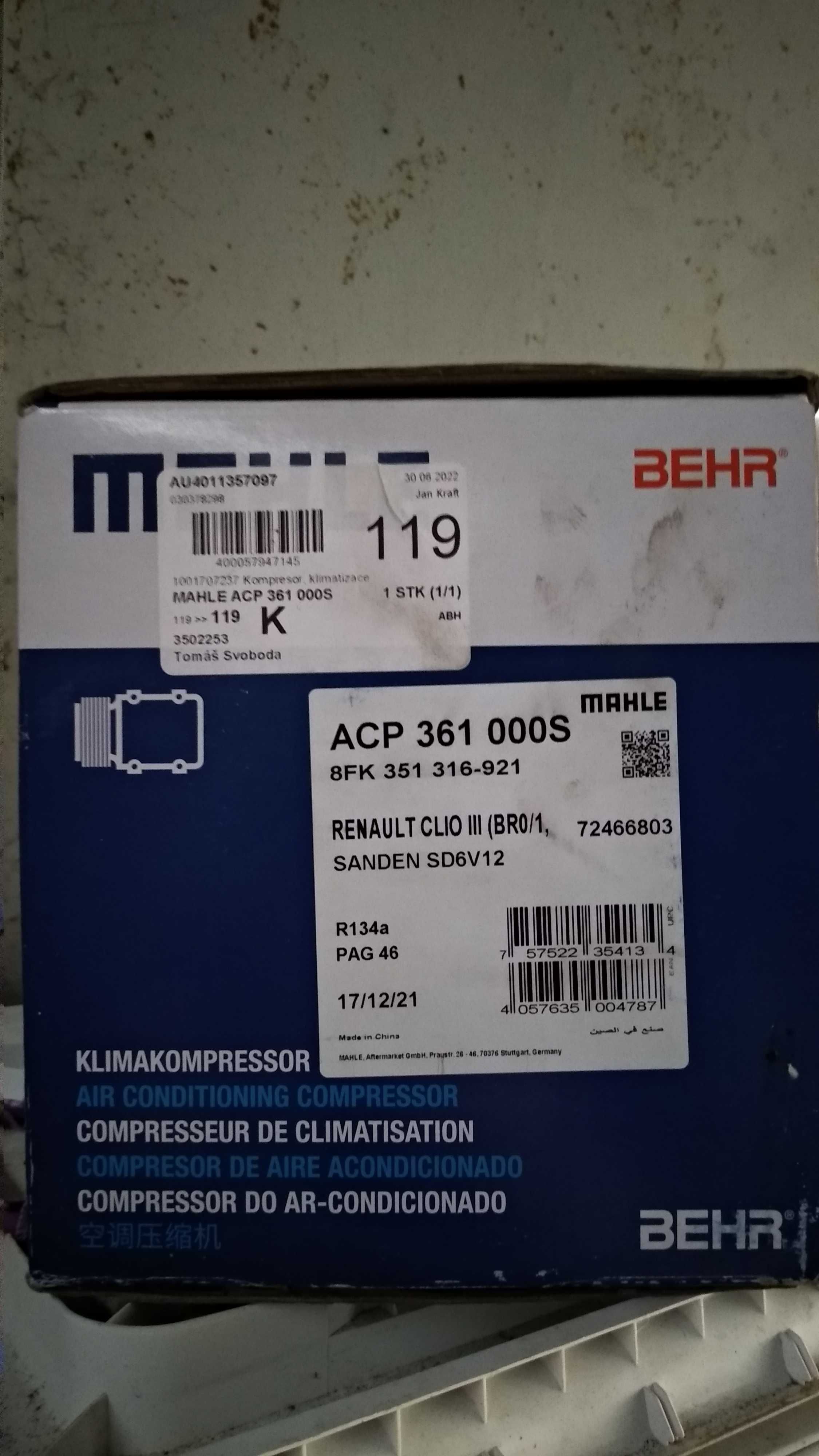 Компрессор, кондиционер MAHLE ORIGINAL ACP 361 000S