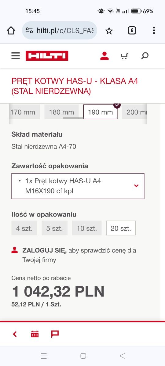 Szpilka szpilki kotwa kotwy Hilti m16x190 has-u a4 20szt z kwasówki