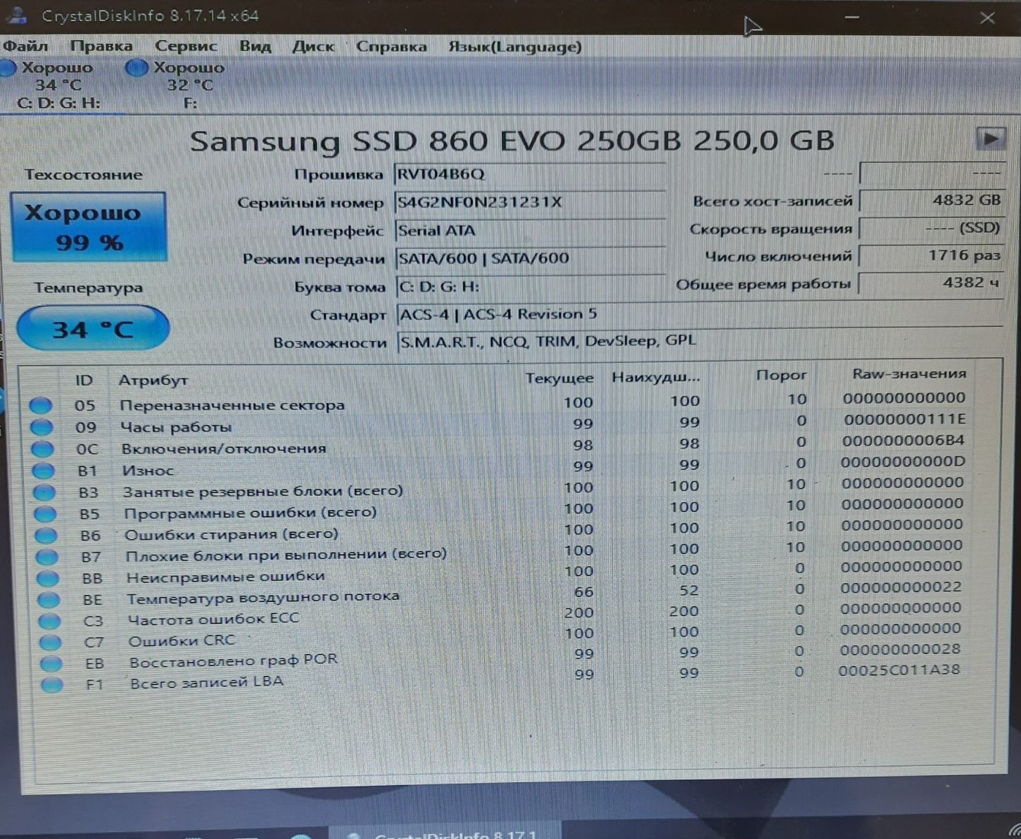 SSD Samsung Evo 860 на 250GB