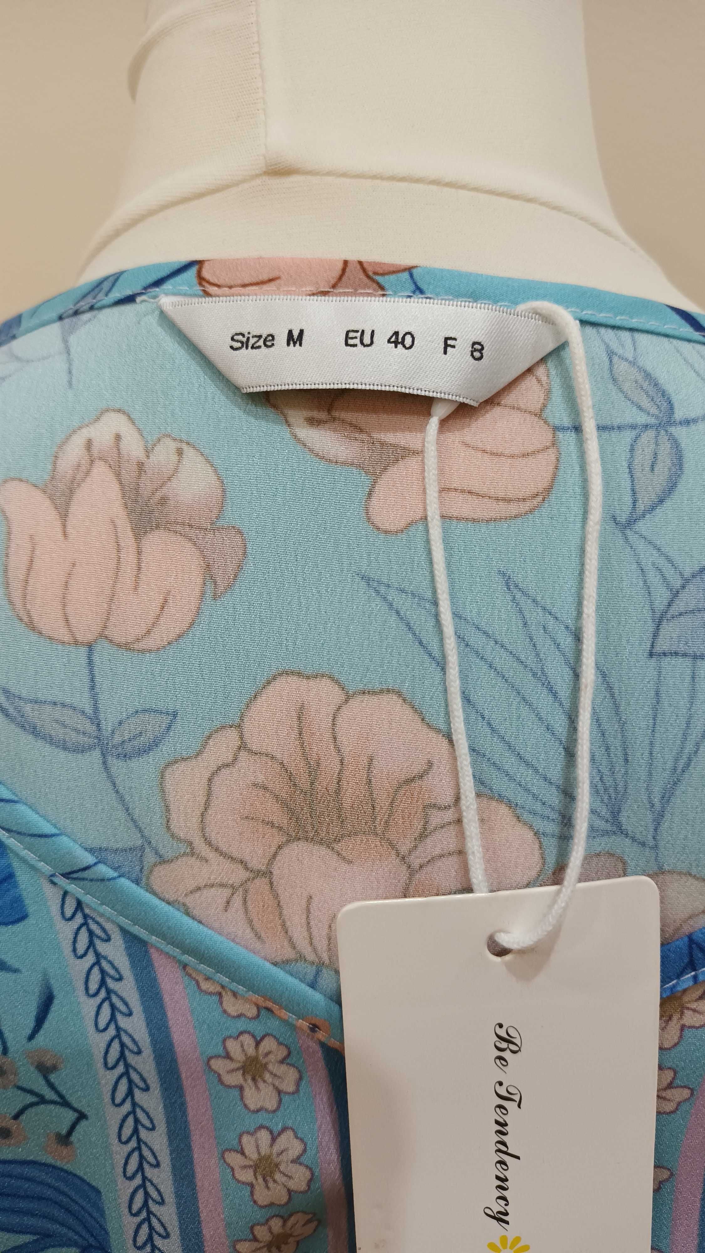 Sukienka, midi, kobieca, deseń w kwiaty rękawy bufki