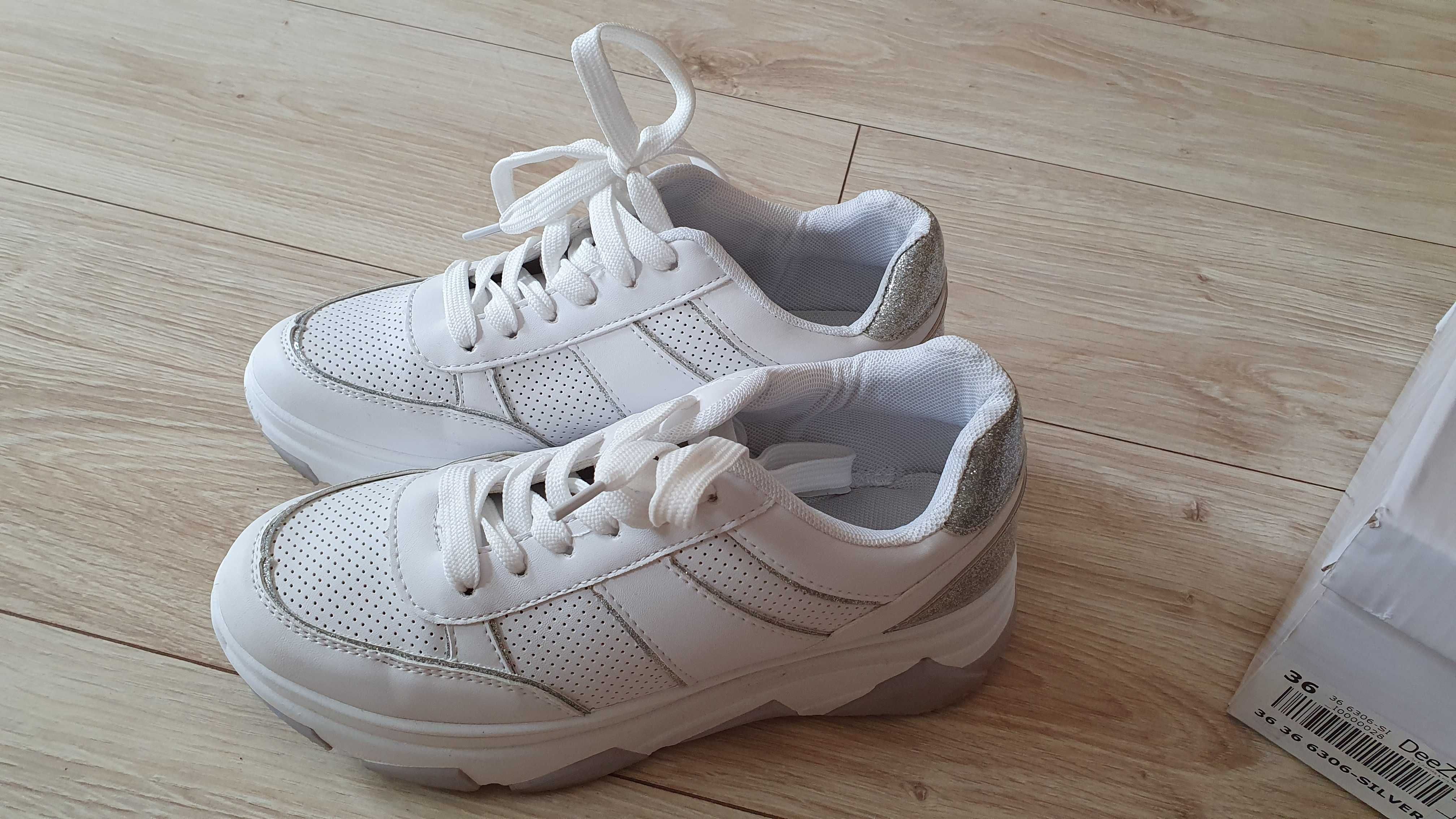 Białe sneakersy buty sportowe srebrne
