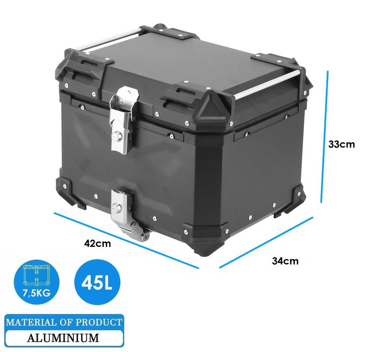 ALUMINIOWY kufer motocyklowy centralny CZARNY 45L uniwersalny + PŁYTA