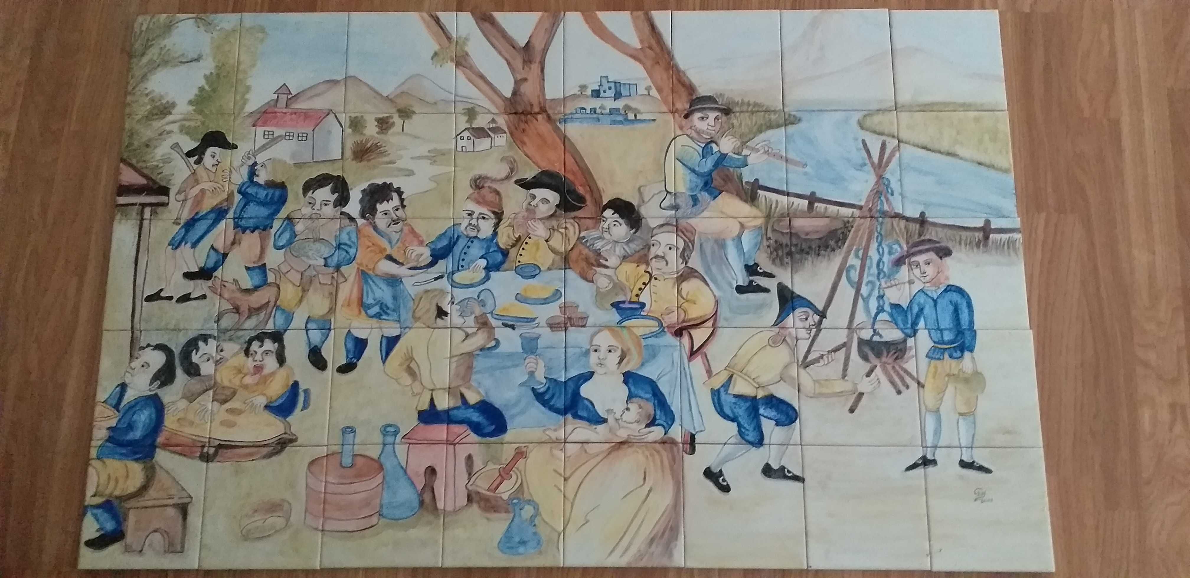 vários painéis de azulejos pintados á mão