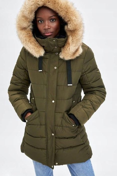 Зимняя куртка парка Zara пуховик хаки khaki с мехом теплая