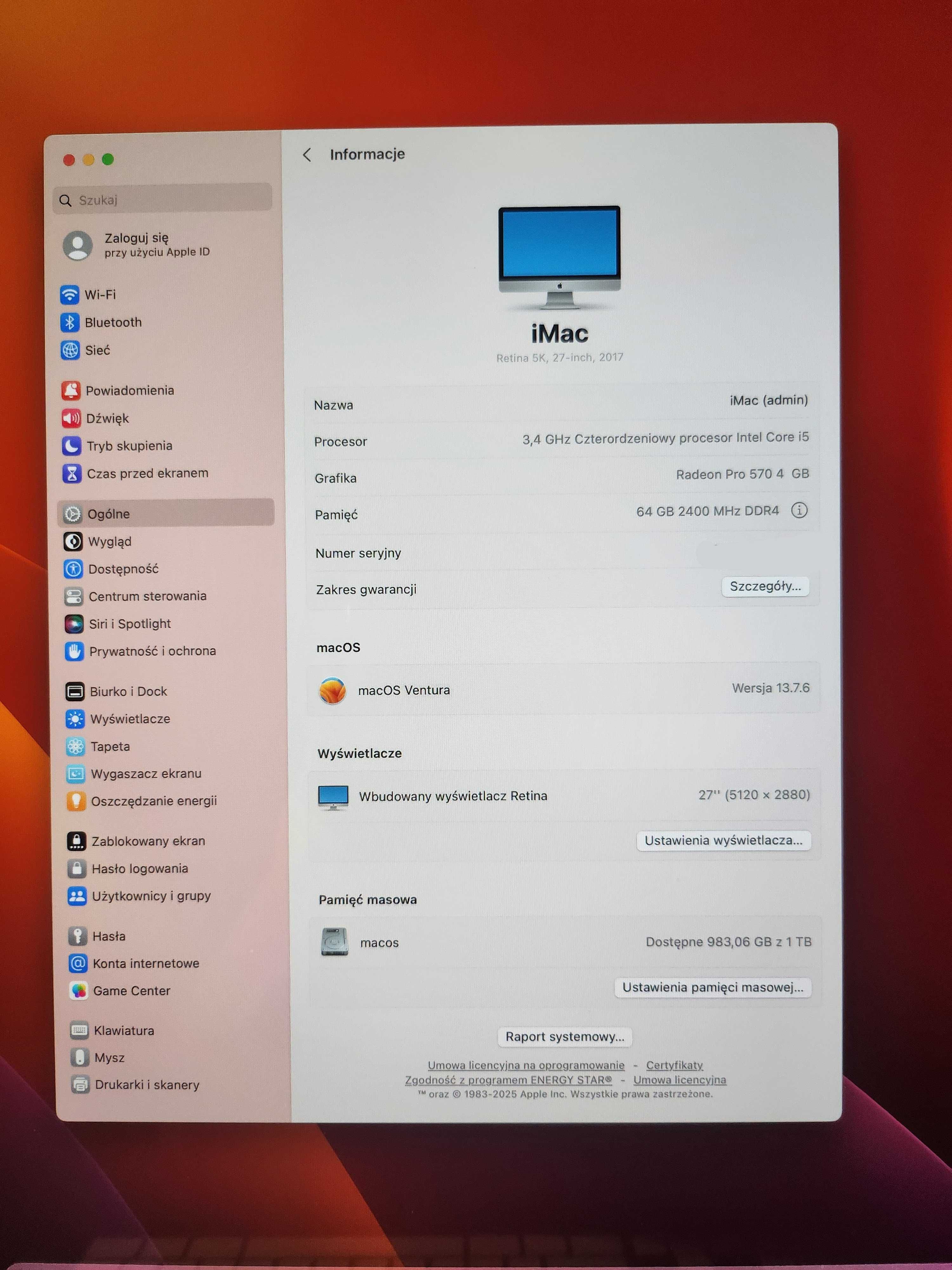 iMac 27 5K i5 64GB RAM 1 TB SSD klawiatura mysz