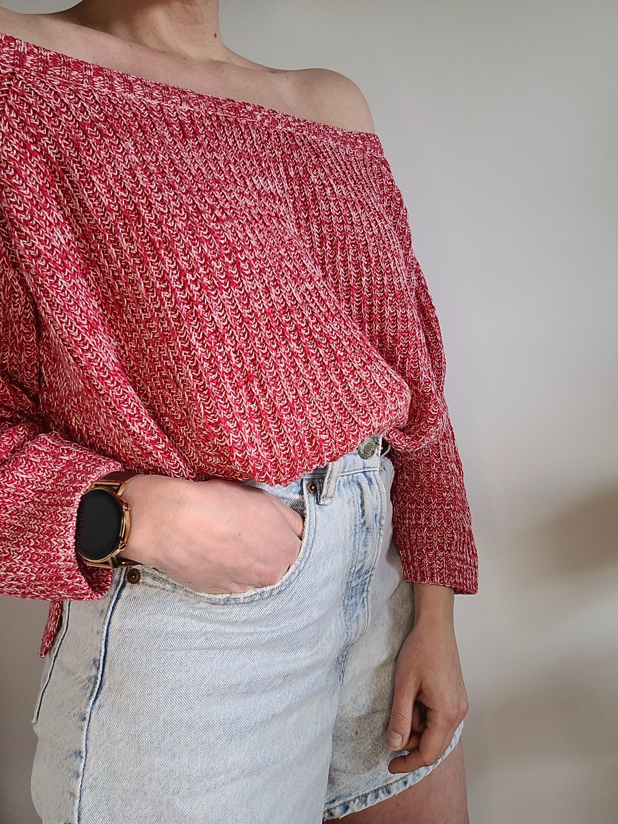 Bawełniany sweter oversize odkryte ramiona boho Zara