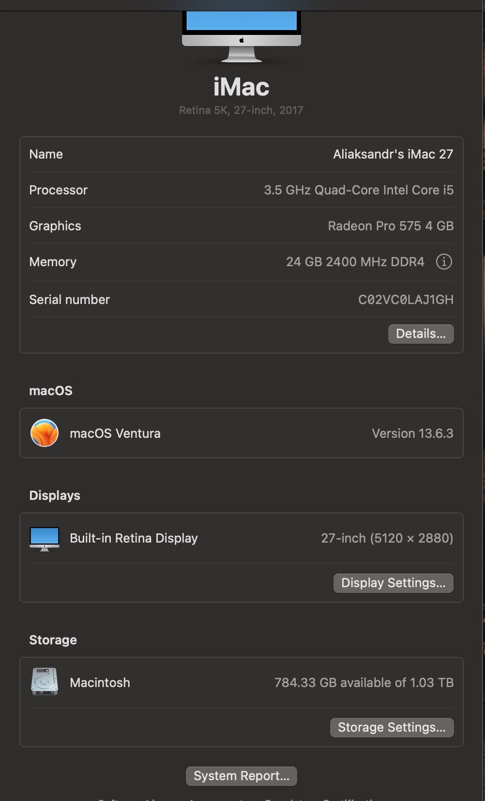 Apple iMac 27" 2017 Retina 5K, Intel i5, Radeon Pro 575, 24GB, 1TB