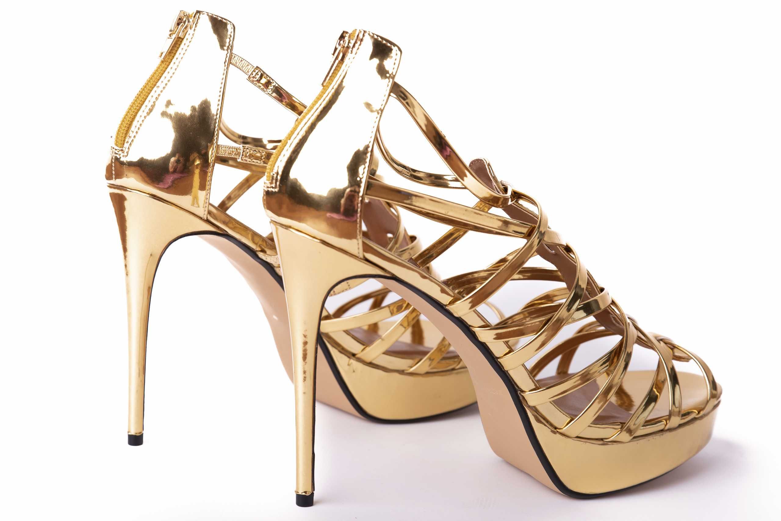 Buty złote wysokie erotyczne na obcasie szpilki 44 paski