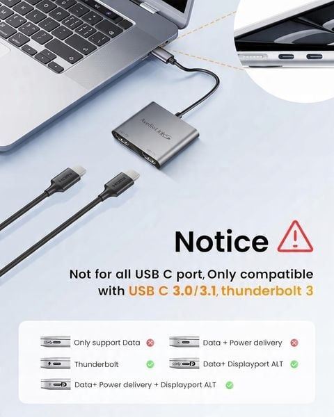 Adapter USB-C na 2x HDMI Hub avedio links Dual 4K 60Hz/30Hz DP Alt Mod