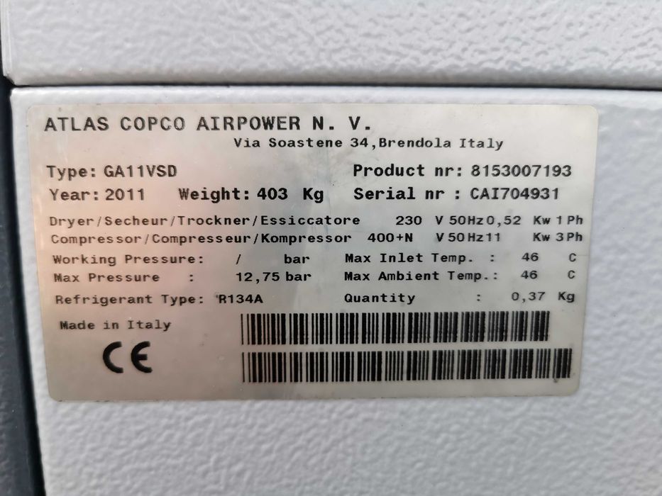 11kw 1700L/min +FALOWNIK + OSUSZACZ Sprężarka śrubowa ATLAS COPCO VSD