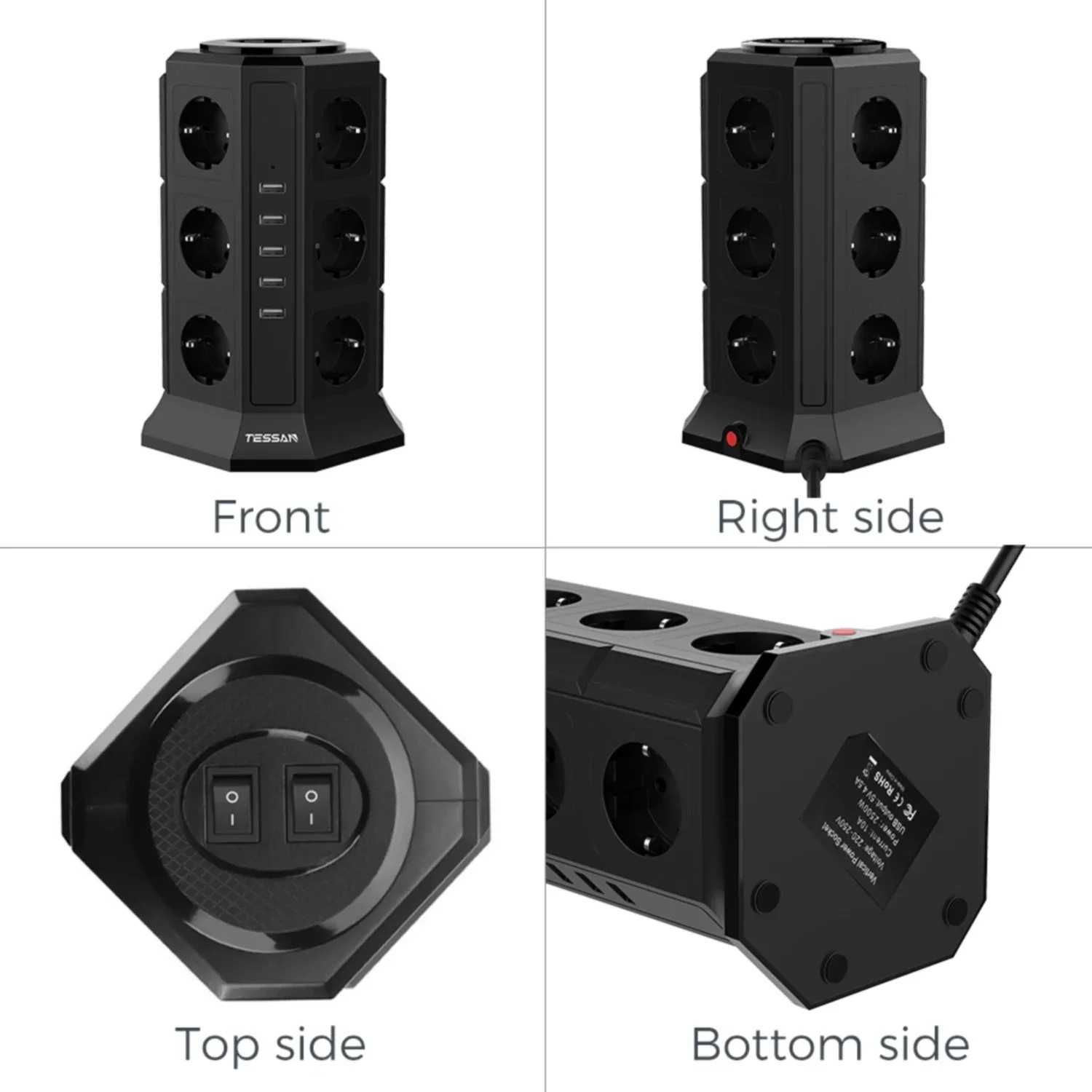 TESSAN Listwa Zasilająca Pionowa wieża 12 Gniazd + 5 USB 2m 2500 W