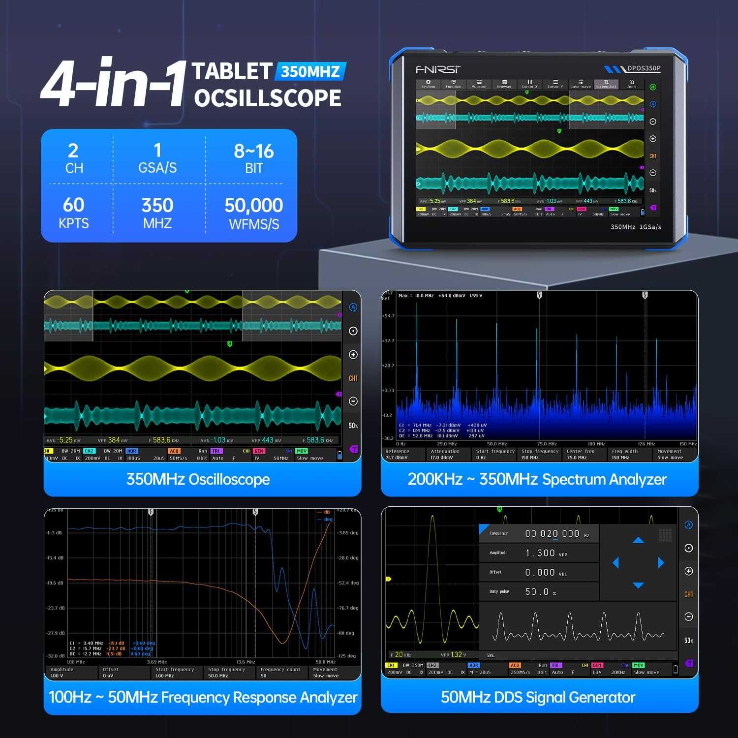 Osciloscópio Tablet 2CH + Gerador de Sinais 350MHz 1GSPS  Português