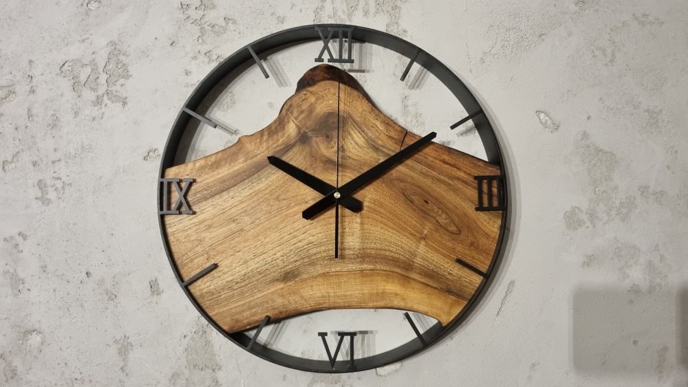 Zegar drewniany w metalowej obreczy loft 40cm orzech włoski