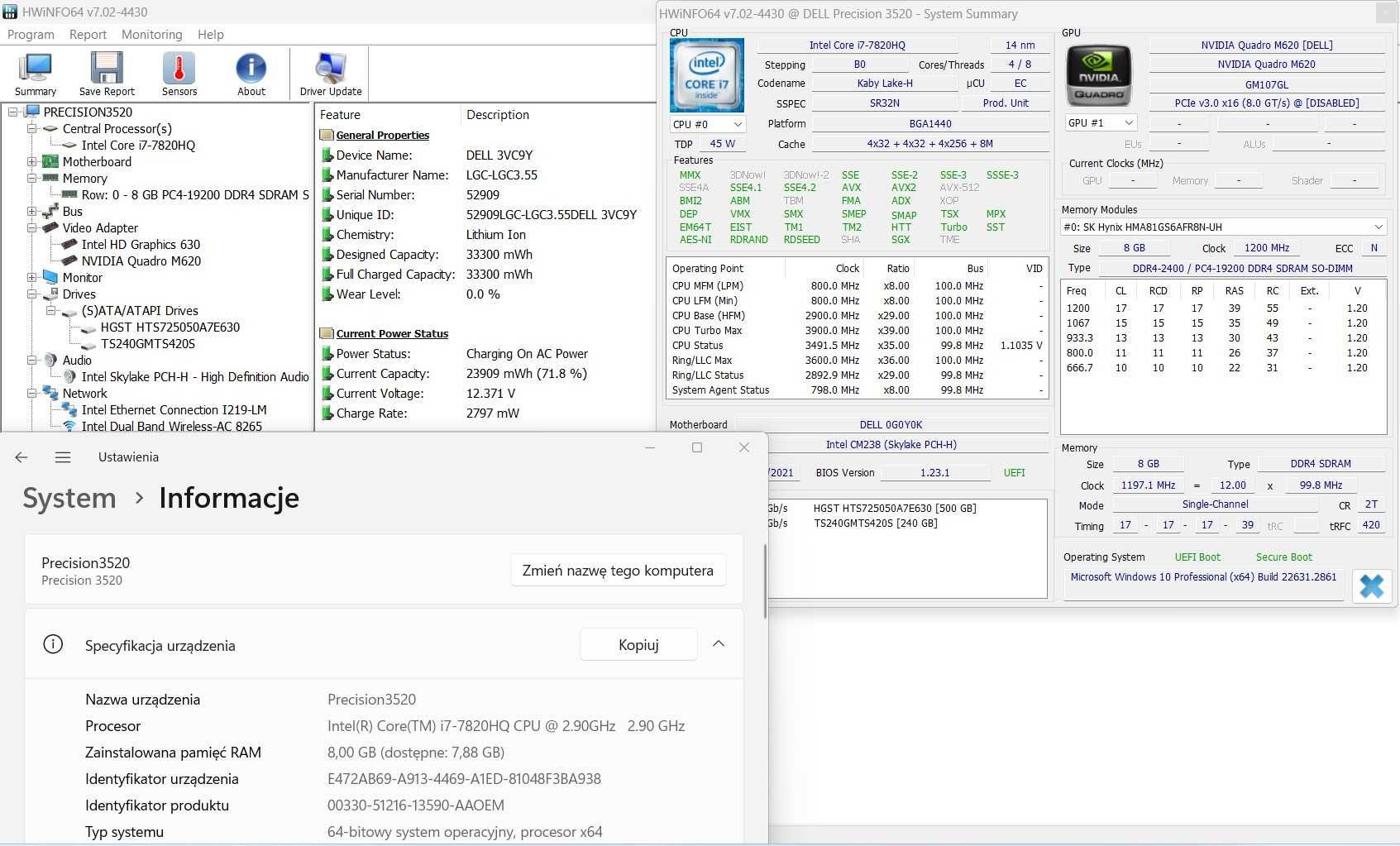 Dell Precision 3520 i7-HQ|8GB RAM|SSD 240GB+HDD 500GB|Quadro|NOWA BAT.