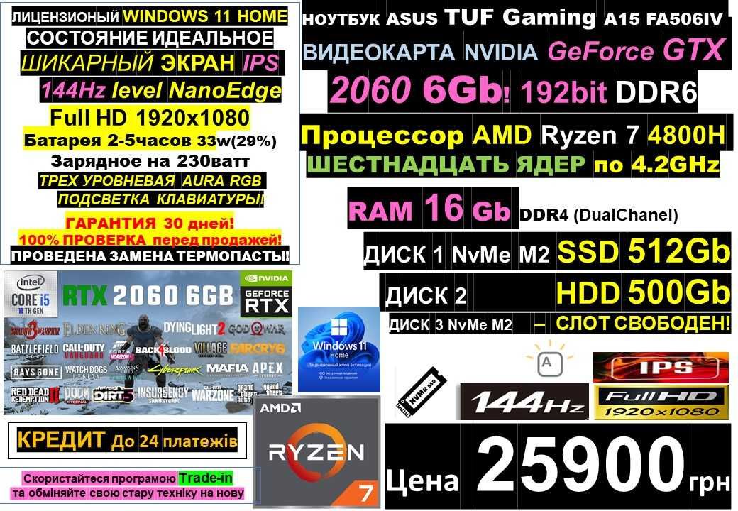 ‼️Trade-In‼️Ноутбук ASUS 16ядер/RTX2060 6Gb/SSD1000Gb/16gb/Ryzen/144Гц
