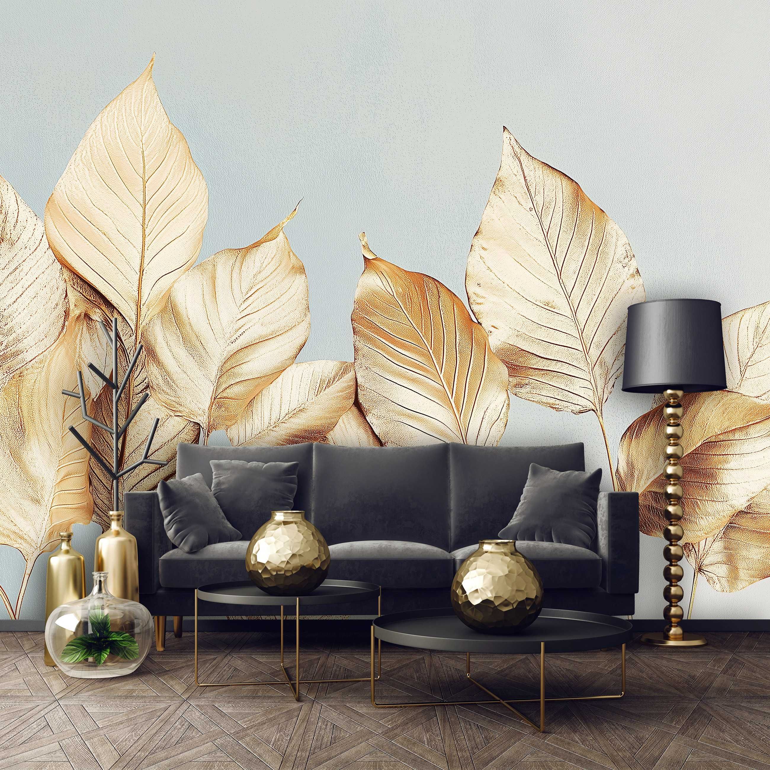 Fototapeta Złote Liście Żółte Szarości Styl Glamour Sztuka 3D + KLEJ