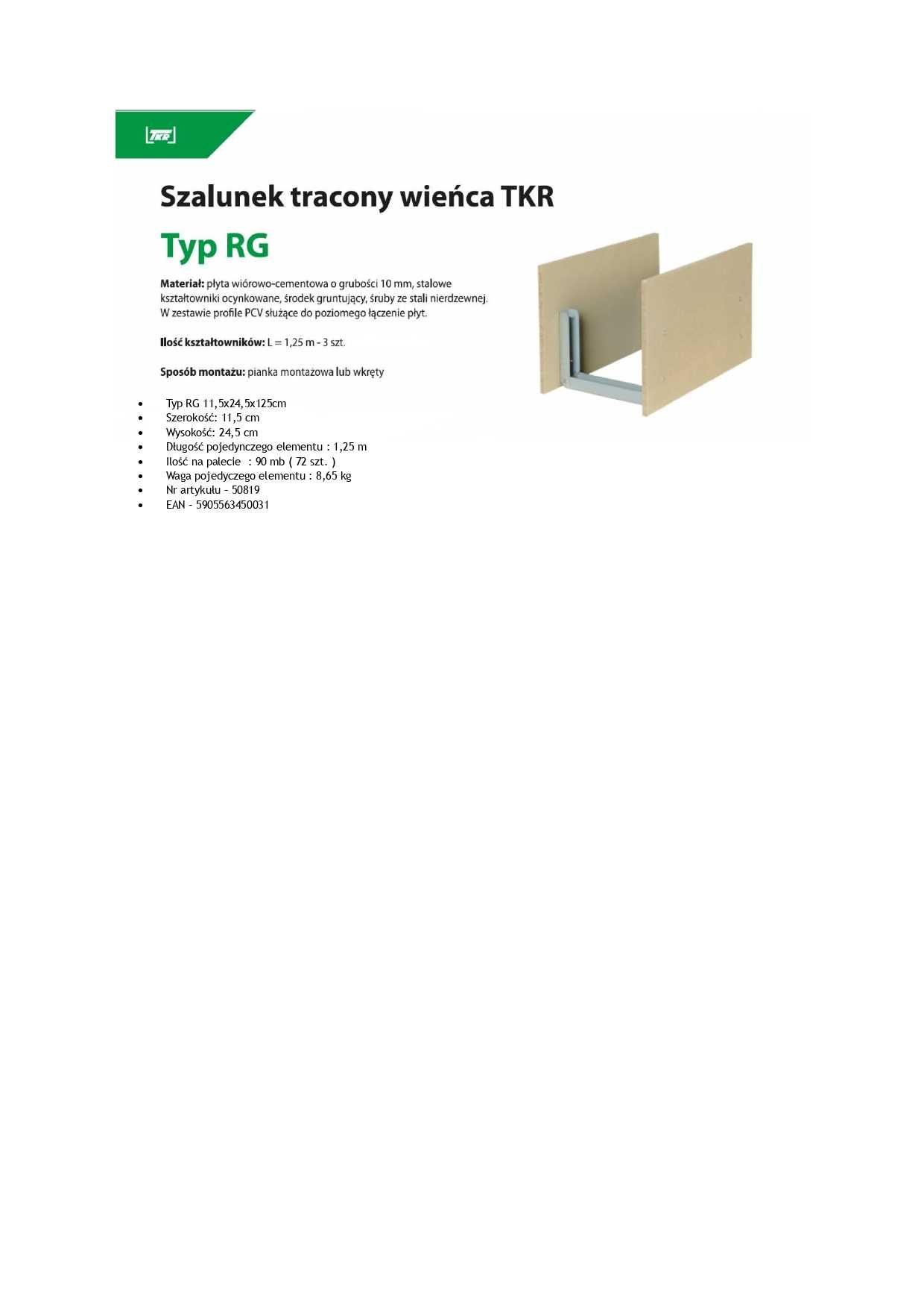 Szalunek tracony wieńca TKR typ RG 11,5x24,5x125cm