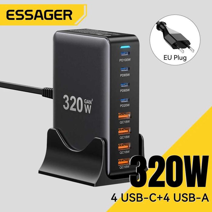 Потужний Зарядний пристрій Essager 320W GaN 4Type-C plus 4USB
