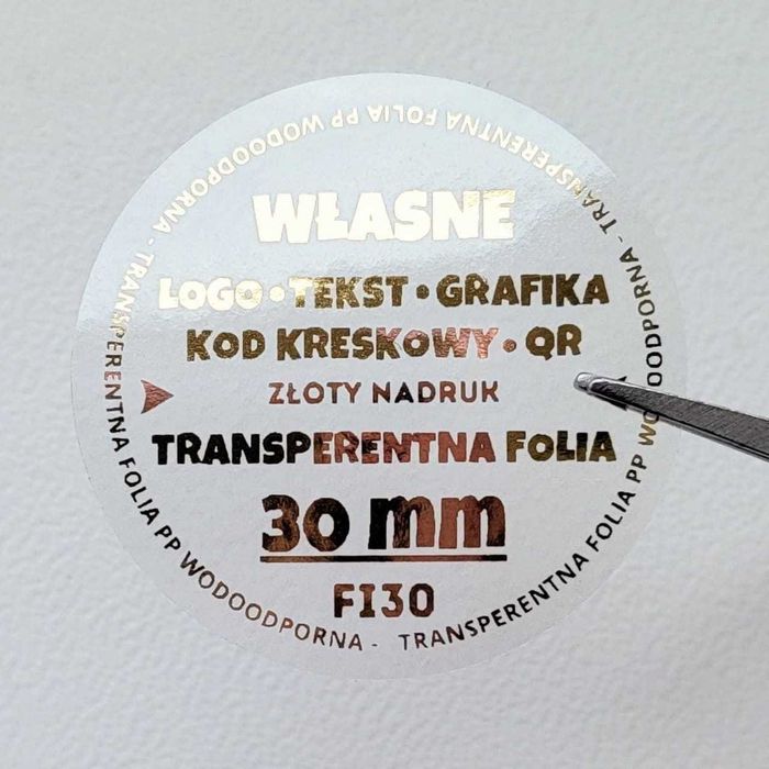 Naklejki z TWOIM NADRUKIEM - 100 sztuk - 3 cm - nadruk ZŁOTY na folii