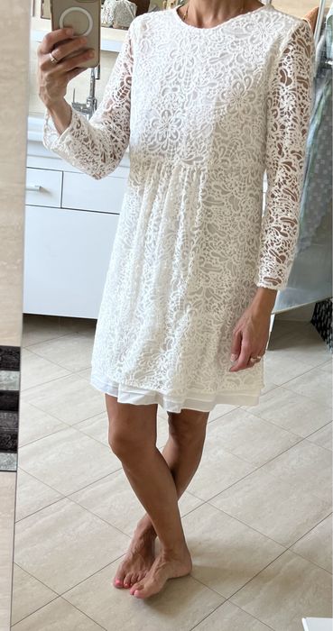 Zara cudna koronkowa sukienka mini elegancka ecru tiulowa