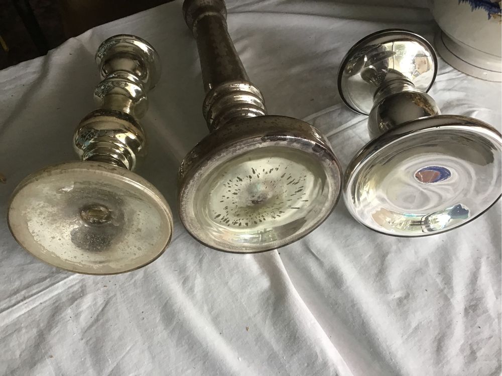 3 castiçais em vidro mercurizado. Vidro raro no mercado nacional .Negociável.Descidada de preco.