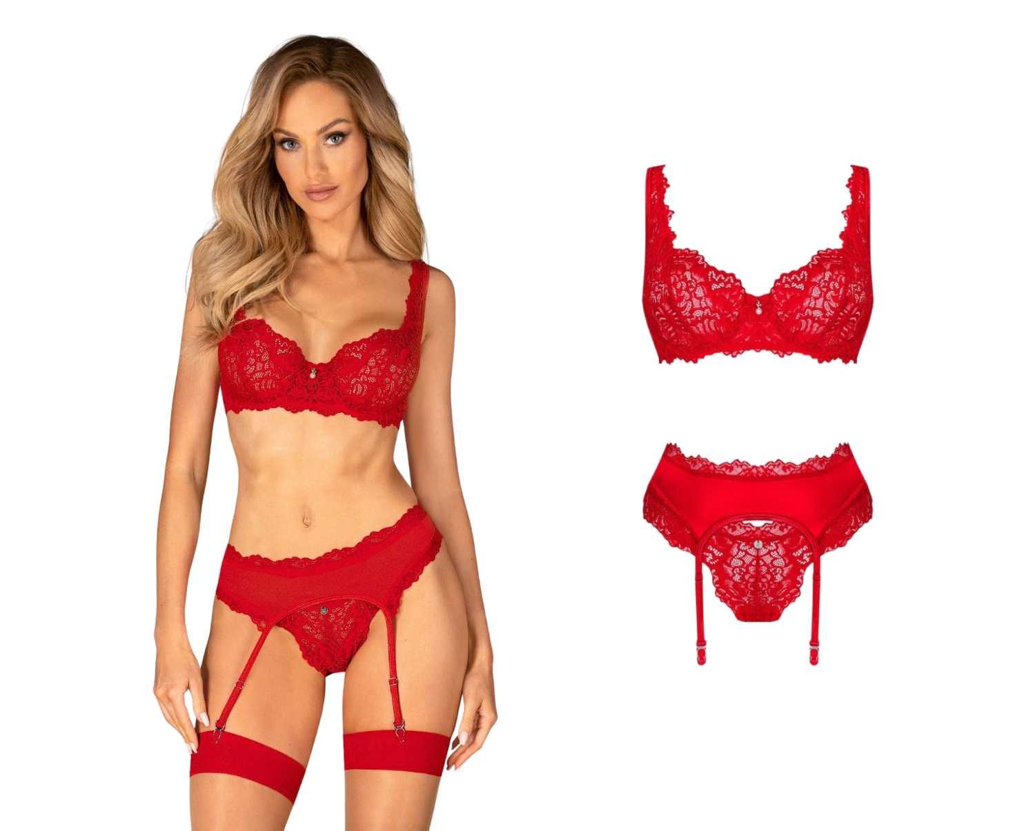 Zestaw Bielizny dla Kobiet Sexi Czerwony Komplet 3 Częściowy S/M