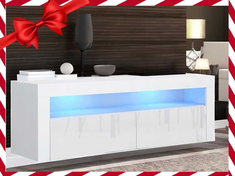 Nowoczesna KOMODA Stolik RTV Biały 130cm Połysk + Led (OKAZJA)