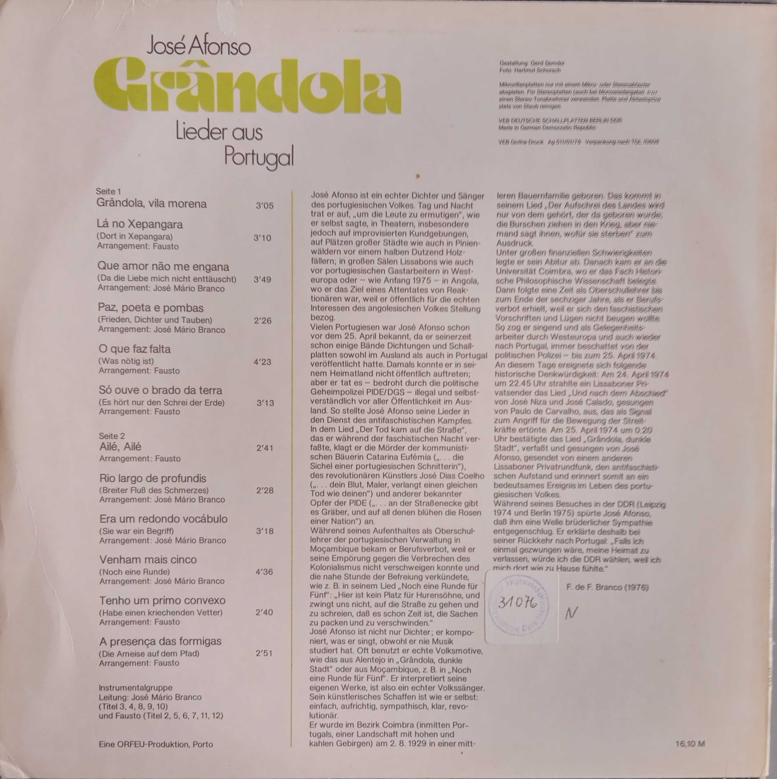 José Afonso	- - - - -		Grândola - Lieder Aus Portugal	- - - - -	LP