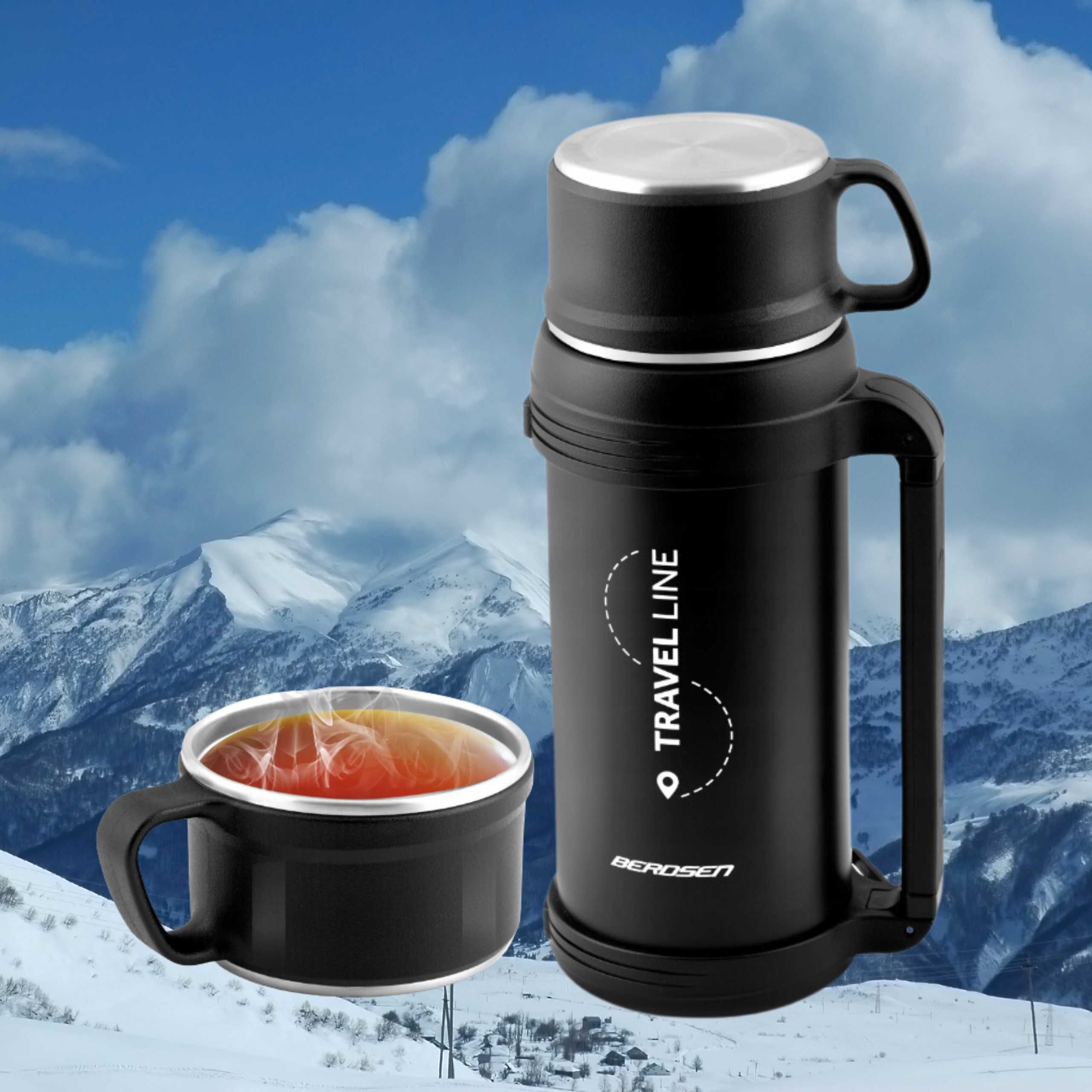 Termos turystyczny stalowy z paskiem na kawę herbatę 1500ml czarny