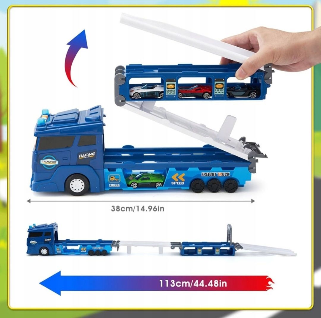 Ciężarówka-transporter autek z torem