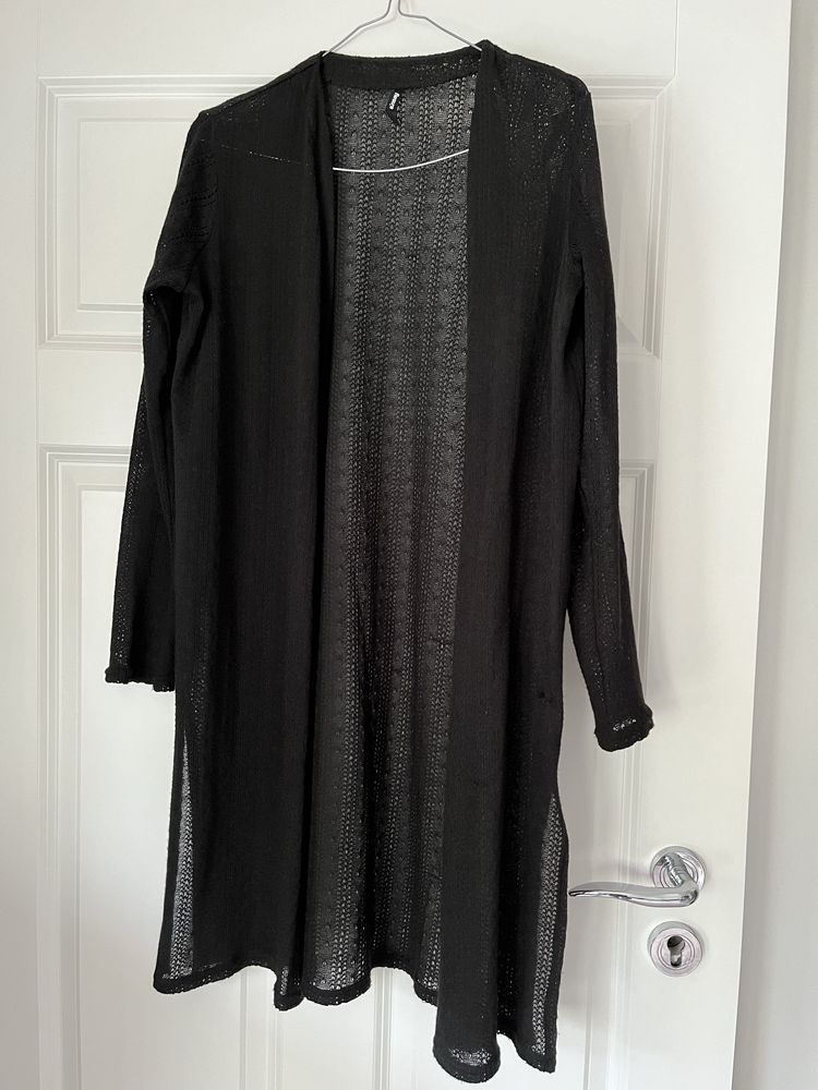 Sweter czarny kardigan XS ażurowy cieńki długi
