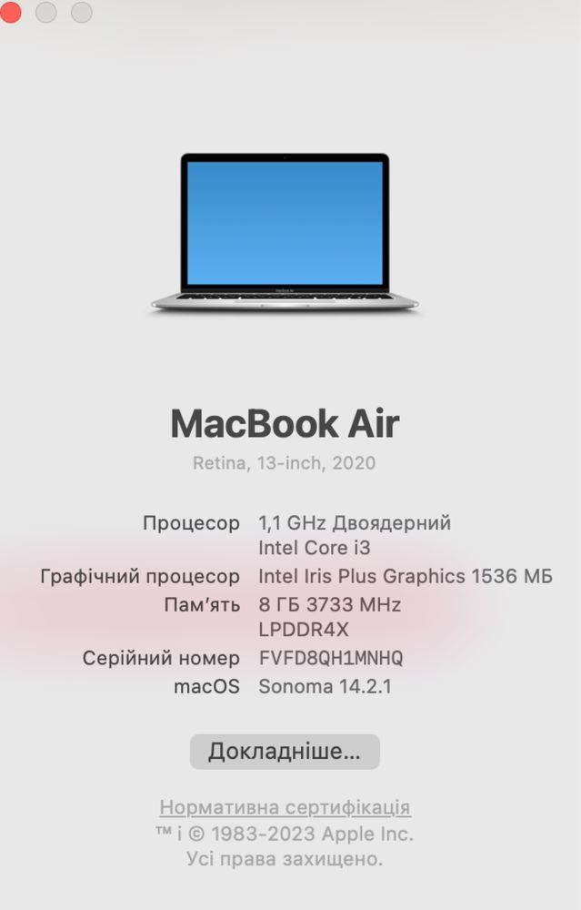 MacBook Air 13 2020 A3 silver ідеальний стан