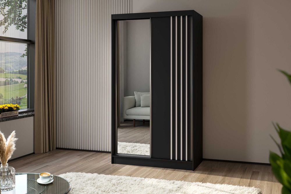 Szafa 120 cm z drzwiami przesuwnymi i lustrem . MODNE LAMELE.