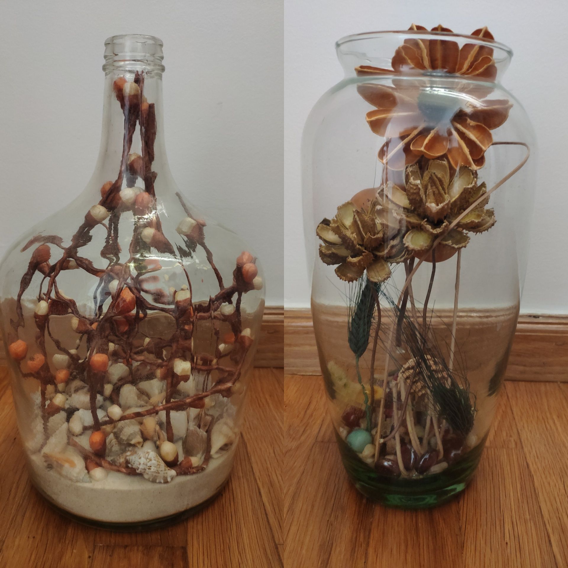 Garrafão e vaso de vidro decorados no interior