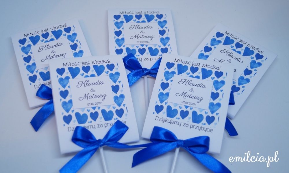 Ślub Lizaki jako podziękowanie, podziękowania dla gości :) Niebieski