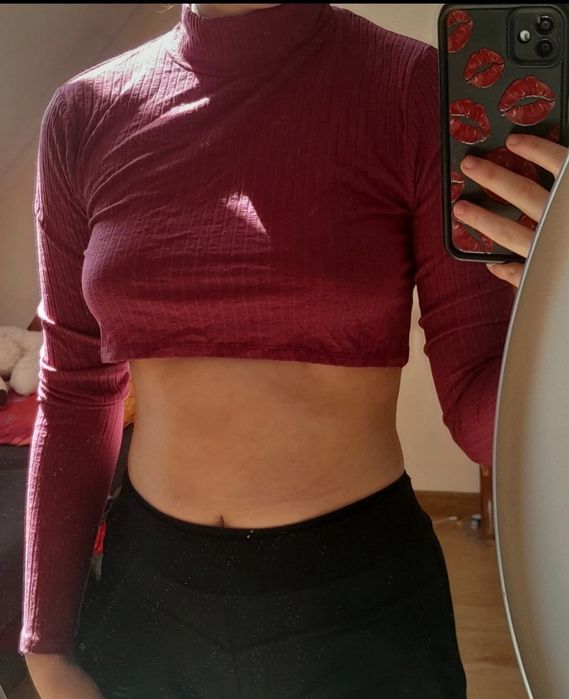 Krótka bluzka burgundowa długi rękaw S| wysyłka w 24h od zakupu