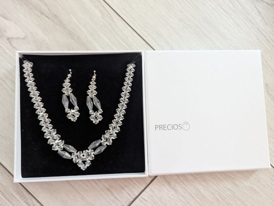Biżuteria ślubna, naszyjnik i kolczyki szklane (srebro)