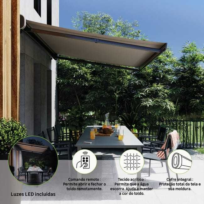 Toldo motorizado CINZA COM TELA BEGE LED 3X2M