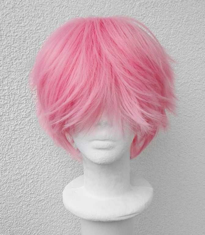 Krótka różowa peruka pastelowa z grzywką cosplay krótki różowy wig