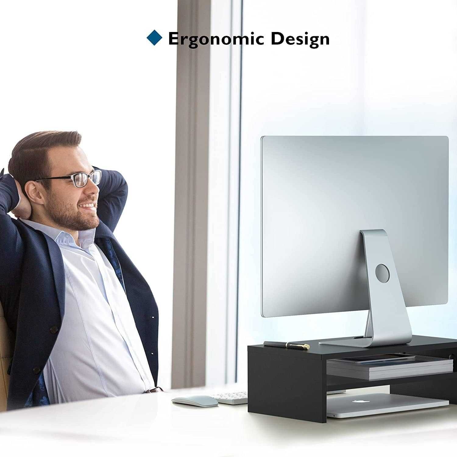 Stojak na monitor czarny mdf półka ergonomiczny uchwyt na smartfon 620