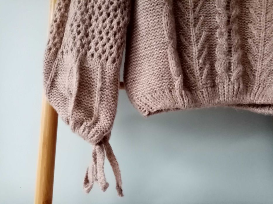 Nowy sweter, warkocze, ażurowe rękawy, jasnobrązowy, oversize, Andżela