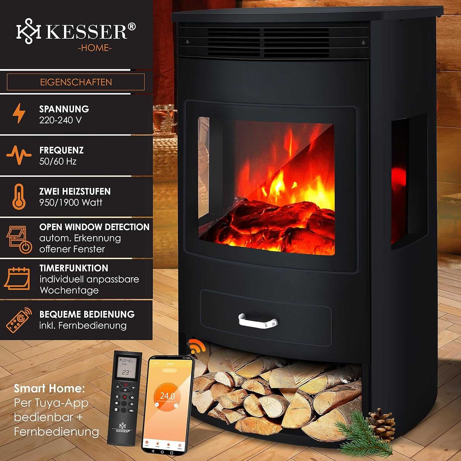 Kominek elektryczny Kesser Stojący z funkcją grzania 1900W Czarny Wifi