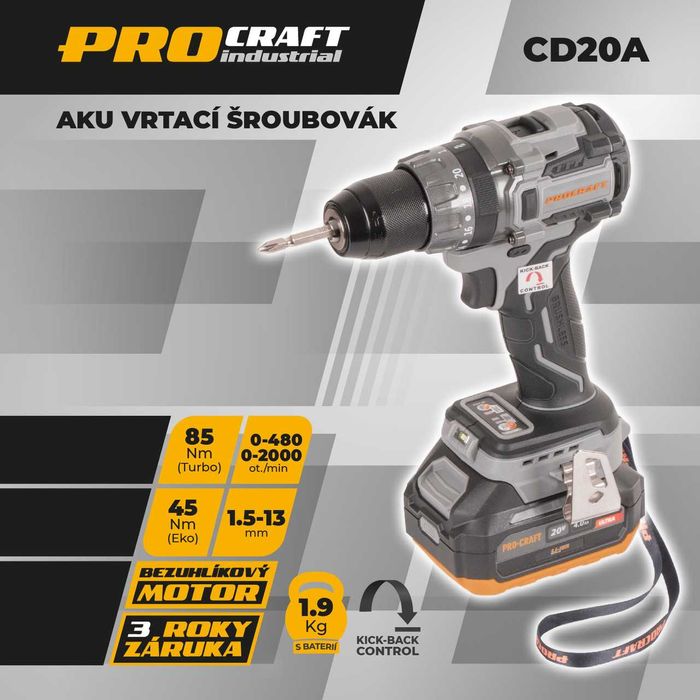 Акумуляторний шуруповерт Procraft Industrial CD20A (20В 4Ач Зп) кейс