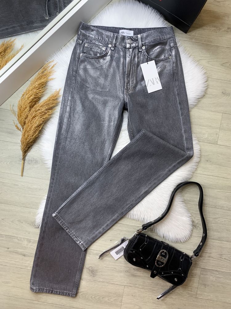 джинси з металізованим ефектом Zara straight mid-rise