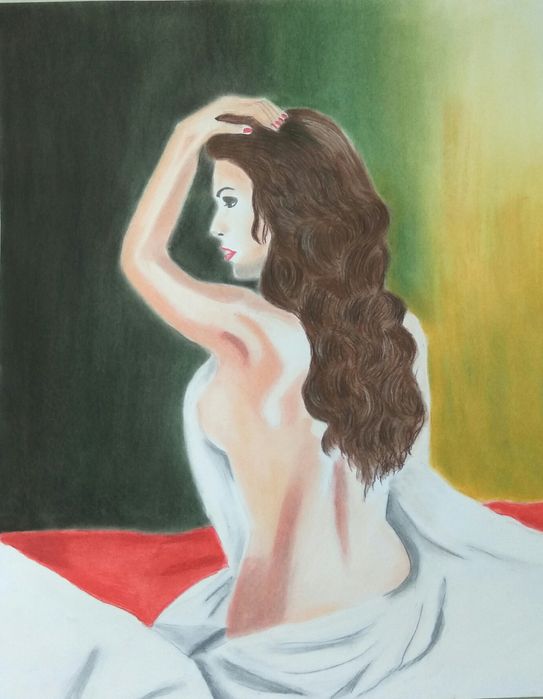 Akt kobiecy obraz naga kobieta w pościeli brunetka erotyk pastel