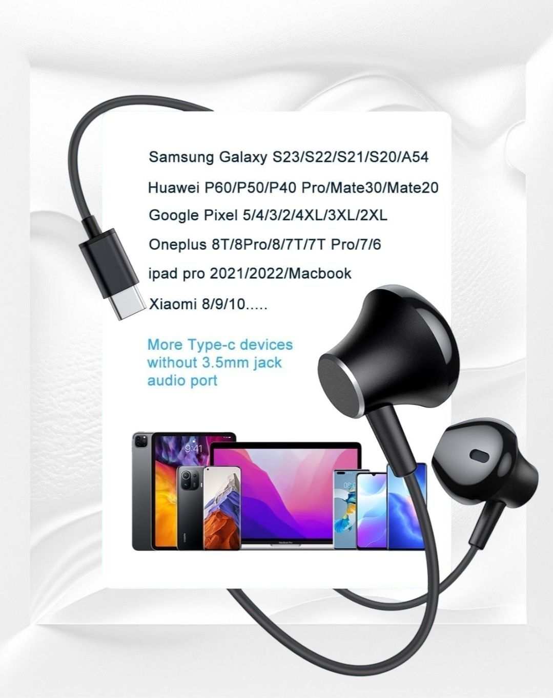 Słuchawki USB-C z Mikrofonem - Magnetyczne,  iPad Pro/Samsung inne